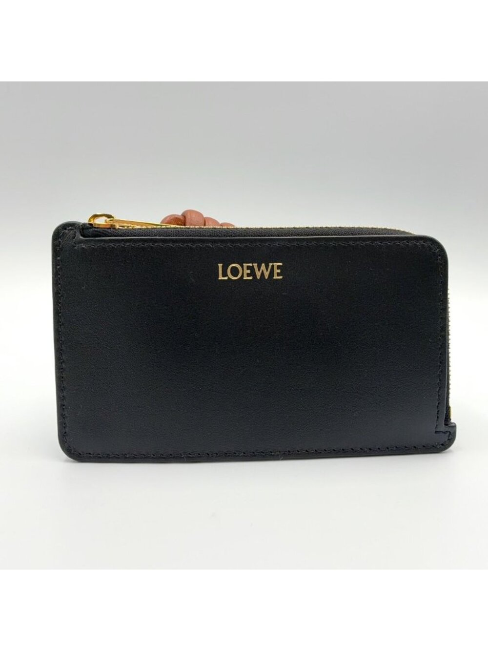 Loewe Pebble Coin Leather Brown Black Card Case Gold